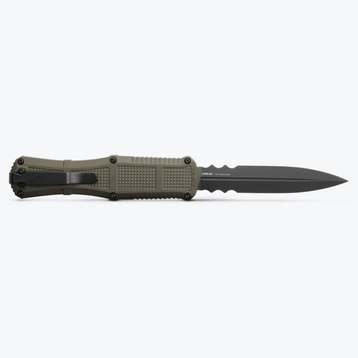 Benchmade-Claymore-OTF-Dagger-RG-3 Benchmade Claymore OTF Dagger Ranger Green unsheathed